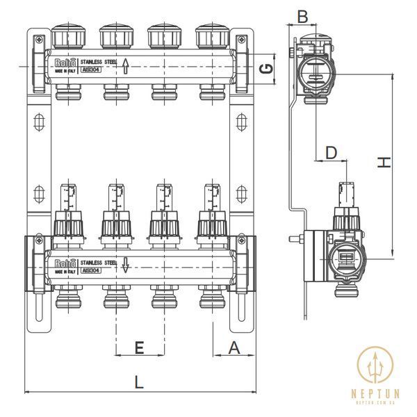 Колектор Roho R804-08 - 1"х 8 вих. з витратомірами та термостатичними клапанами (RO0040) RO0040 фото