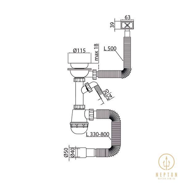 Сифон для кухні Mixxus SK-05-BL 3 1/2"x40 з пластиковою сіткою, відведенням для пральної машини, гнучким прямок. переливом (MI8192) MI8192 фото