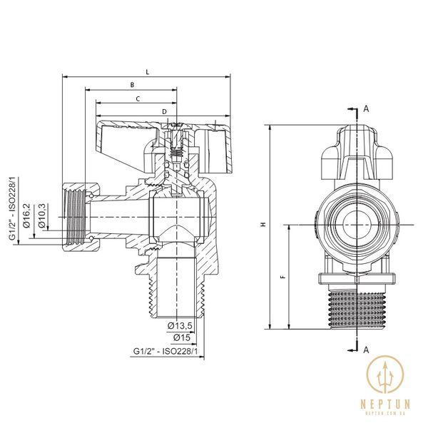 Кран кульовий кутовий з накидною гайкою Roho 1/2 ВЗ, червоний метелик R116-050 (RO0235) RO0235 фото