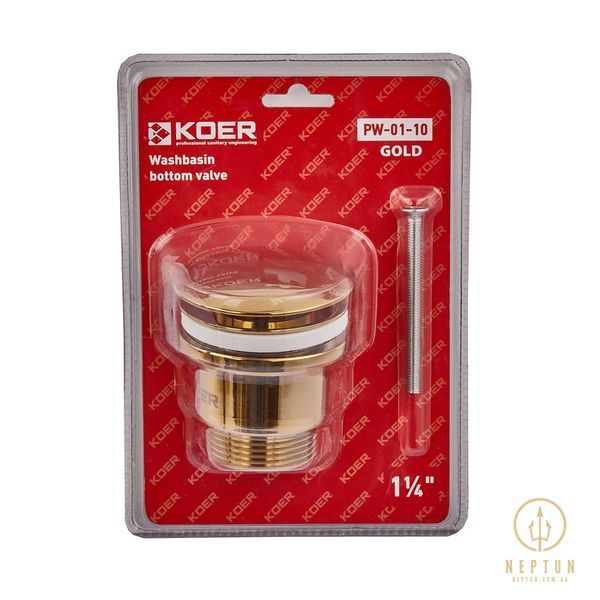 Донний клапан для раковини універсальний (з/без переливу) Koer PW-01-12 автоматичний (Click-Clack) (Колір золото матове) 1 1/4'' (KR5194) KR5194 фото