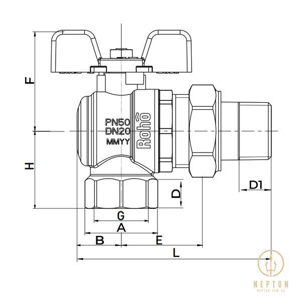 Кран з американкою Roho 3/4" ВЗ кутовий, червоний метелик R106-075 (RO0090) (12/48) RO0090 фото