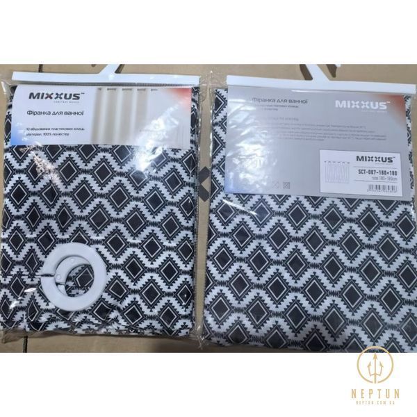 Шторка для ванної Mixxus SCT-007-180x180 з поліестеру із вбудованими кільцями (Візерунок "Соти" чорно-білий) (AC0648) AC0648 фото