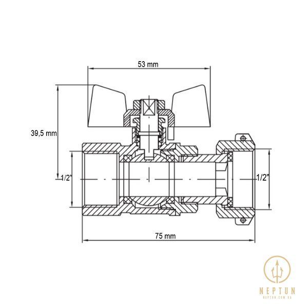 Кран кульовий Koer KR.222 - 1/2" FF ГГМ з накидною гайкою, ручка "метелик" червона (KR4769) KR4769 фото