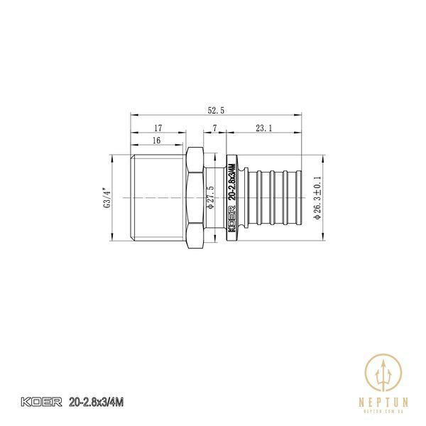 Перехідник із ЗР Koer KA.A08M-20 - 20(2.8mm) x 3/4"M (KR4852) KR4852 фото