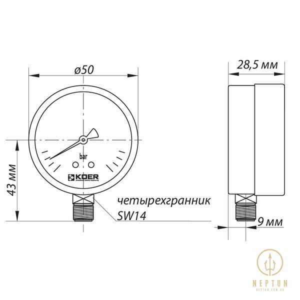 Манометр радіальний (KOER KM.502R) (0-10 bar), D 50мм, 1/4''-1/2'' (KR0209) KR0209 фото