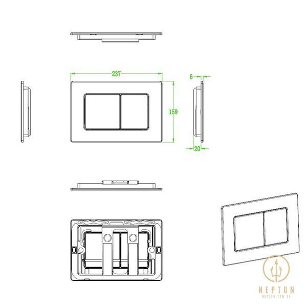 Панель змиву Koer KT-0612-12 240x160x10mm з нержавіючої сталі, кнопка квадр. (колір матове золото) (KR6121) KR6121 фото